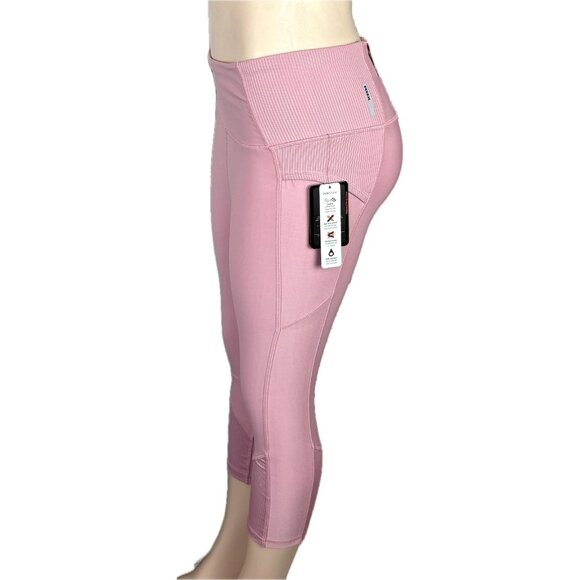 RBX L Pink Stretch Waist Wicking 4 Way Stretch Fold Cell Pockets Capri Leggings - Picture 5 of 7